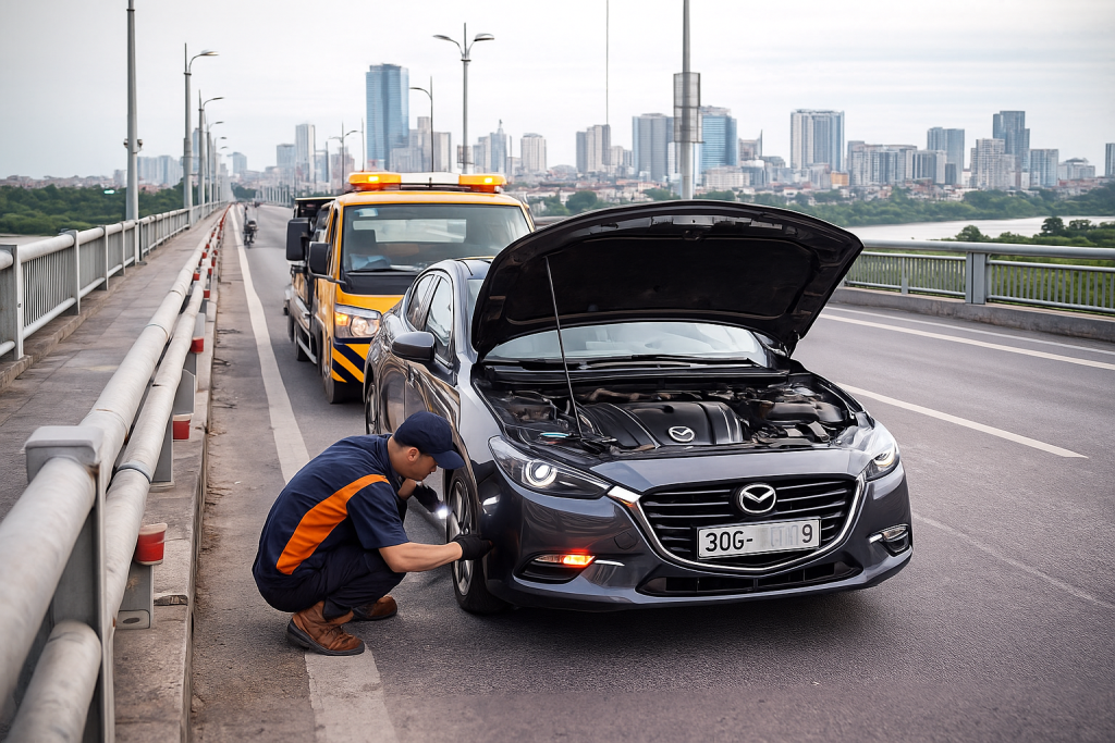 Xe Mazda 3 chết máy tại cầu Vĩnh Tuy