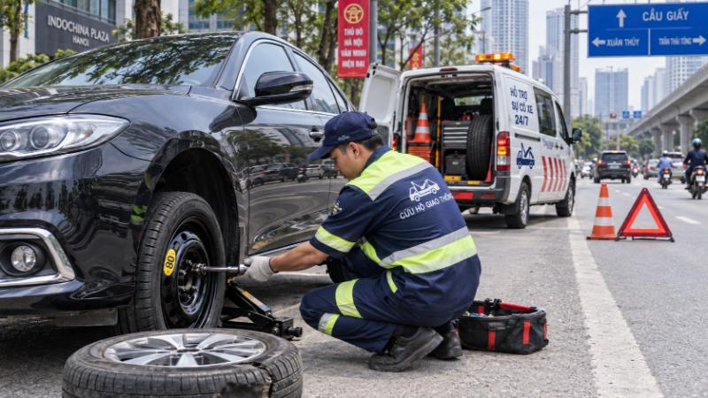 cứu hộ ô tô Cầu Giấy hỗ trợ thay lốp dự phòng nhanh chóng ngay tại hiện trường