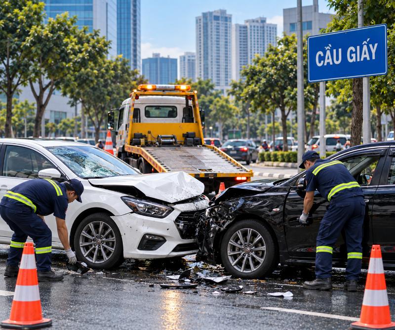 Cứu hộ ô tô Cầu Giấy hỗ trợ xử lý và di chuyển hai xe sau va chạm, tai nạn
