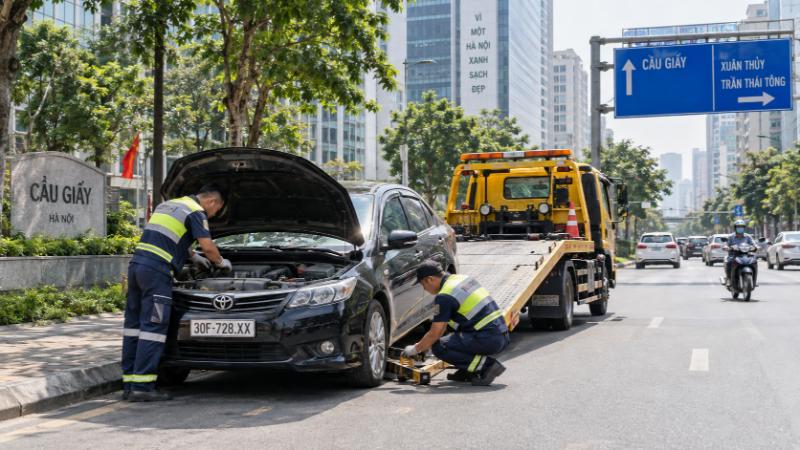 Đội cứu hộ ô tô Cầu Giấy kiểm tra sự cố và chuẩn bị phương án kéo xe an toàn