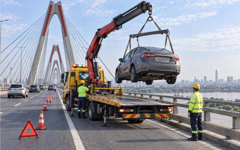 Xe cẩu nâng ô tô gặp sự cố trong dịch vụ cứu hộ ô tô cầu Nhật Tân